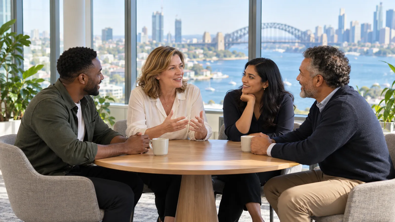 Four colleagues chat around a table in a bright office overlooking Sydney Harbour Bridge.