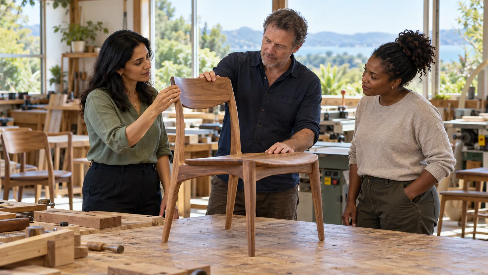 Three adults examine a wooden chair on a workbench in a sunlit New Zealand furniture workshop.