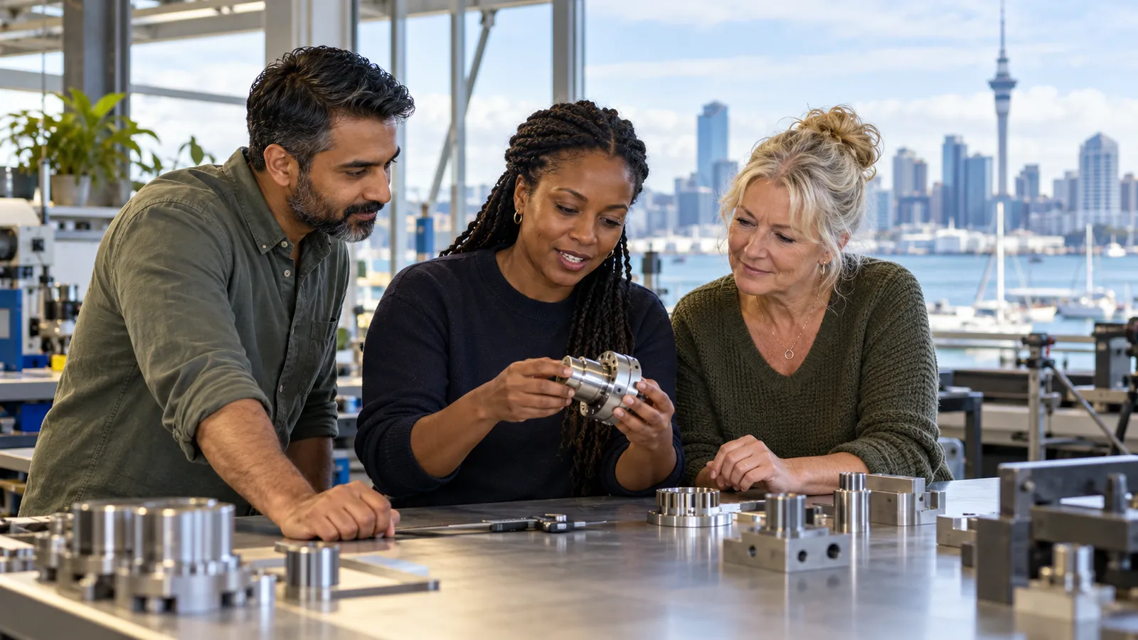 Three colleagues inspect a precision metal component in a sunlit workshop overlooking Auckland’s waterfront.