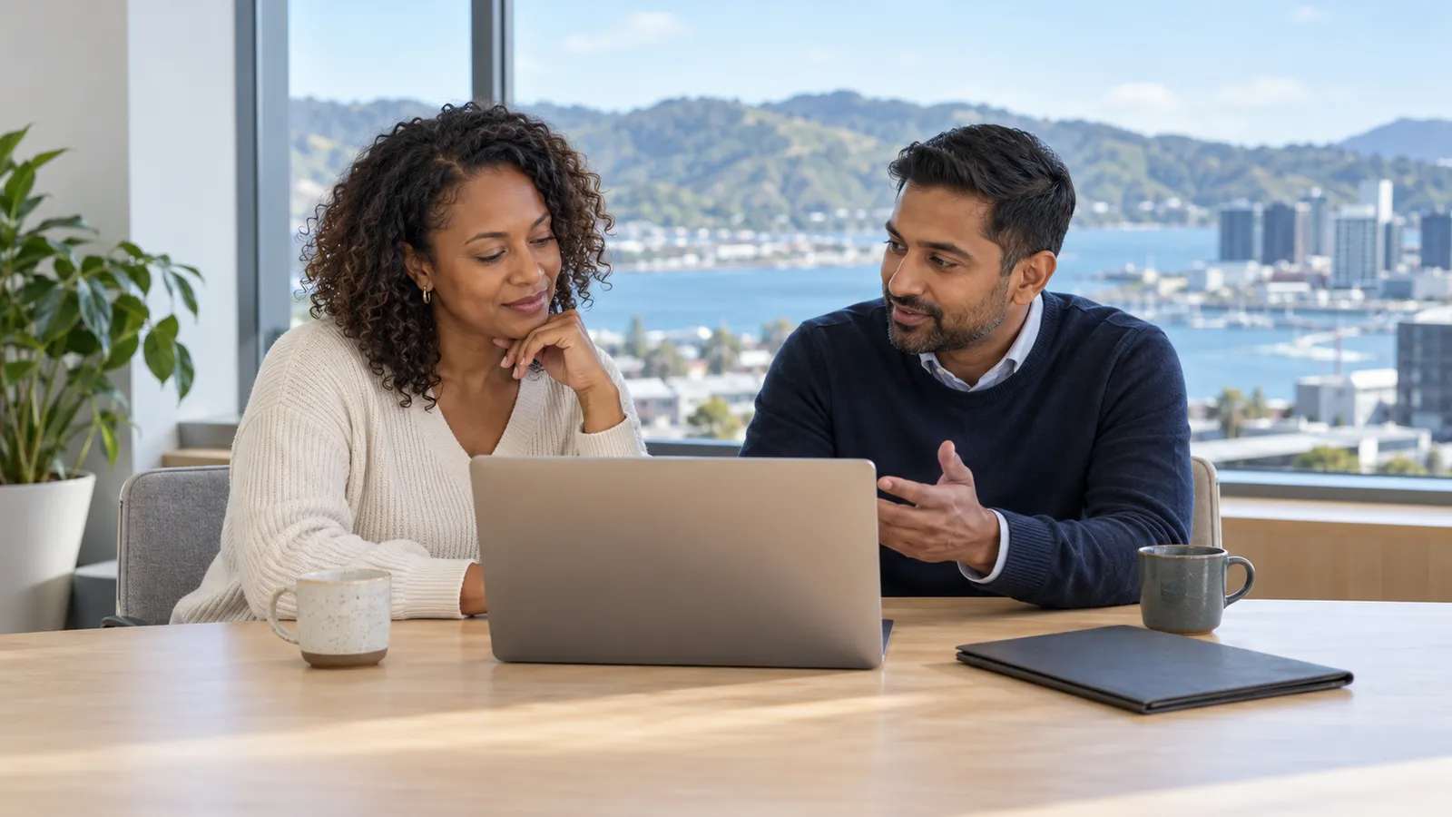 Two colleagues discuss work at a laptop in a bright office overlooking Wellington harbour.