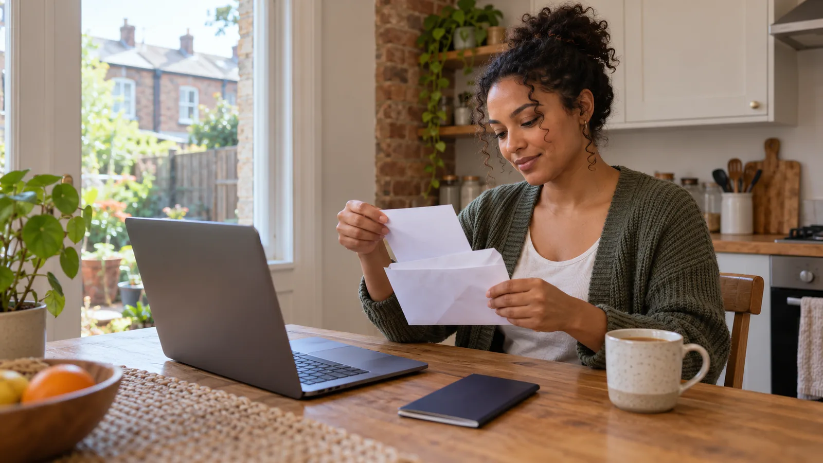 Woman opens a letter at her kitchen table beside a laptop, passport and mug of tea.