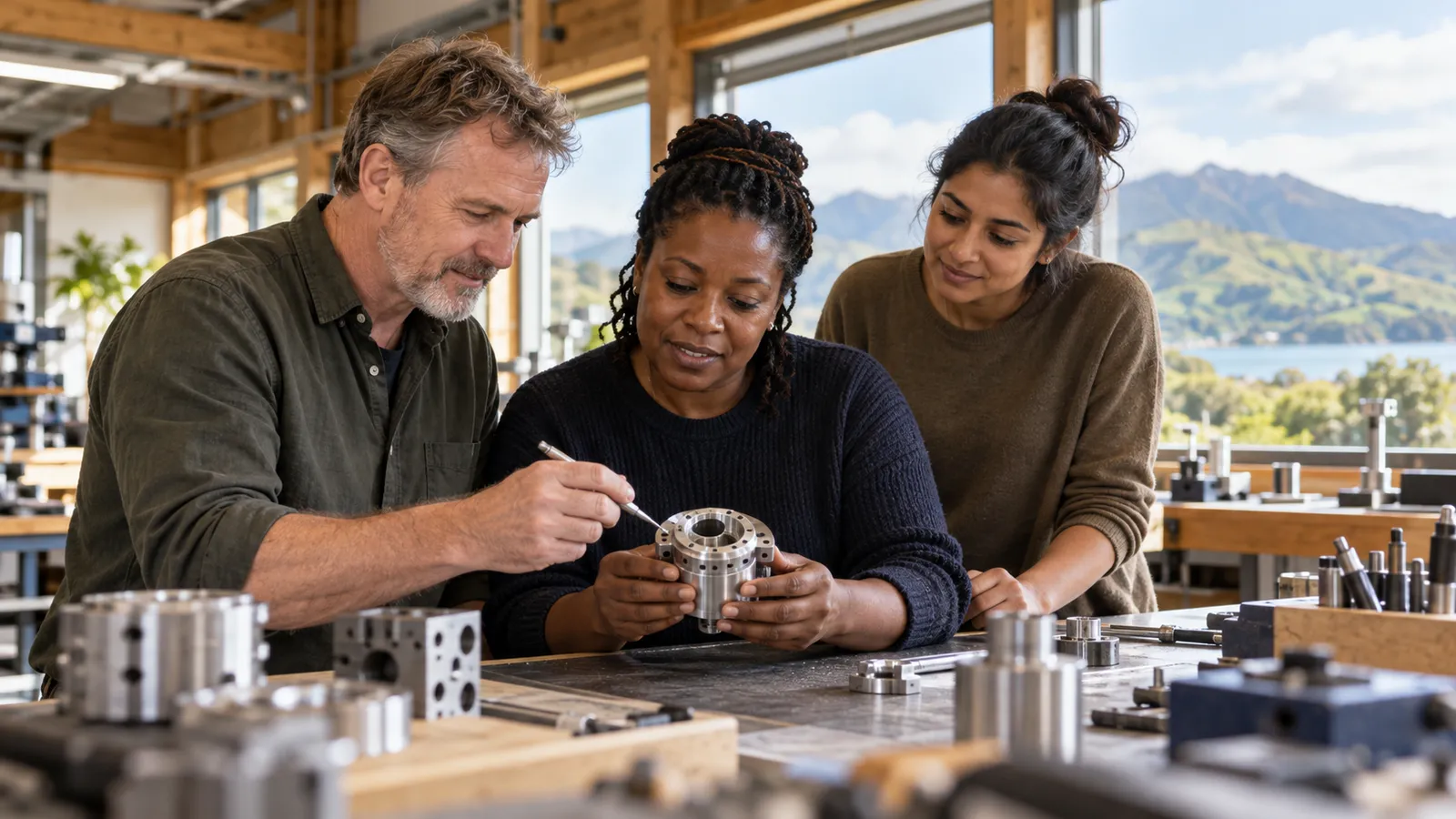 Three colleagues examine a precision metal component in a sunlit New Zealand workshop overlooking mountains and a lake.