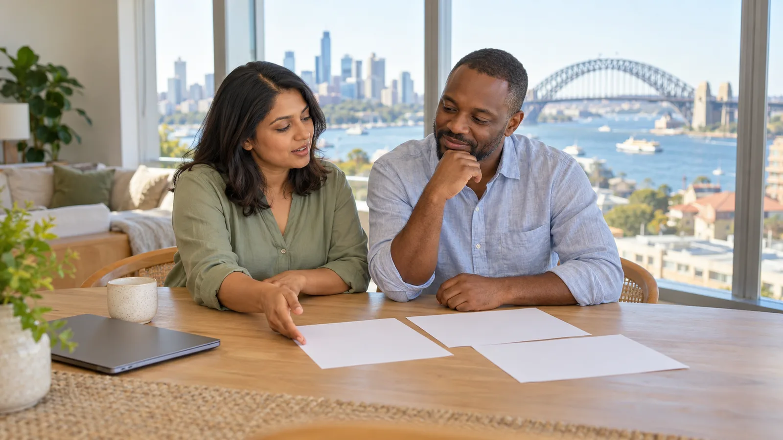 Three British colleagues discuss workplace changes around a table in a sunlit Sydney office.